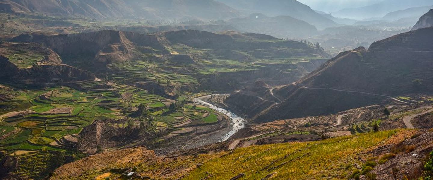 Vista panorámica del Cañón del Colca con terrazas y el río al fondo
