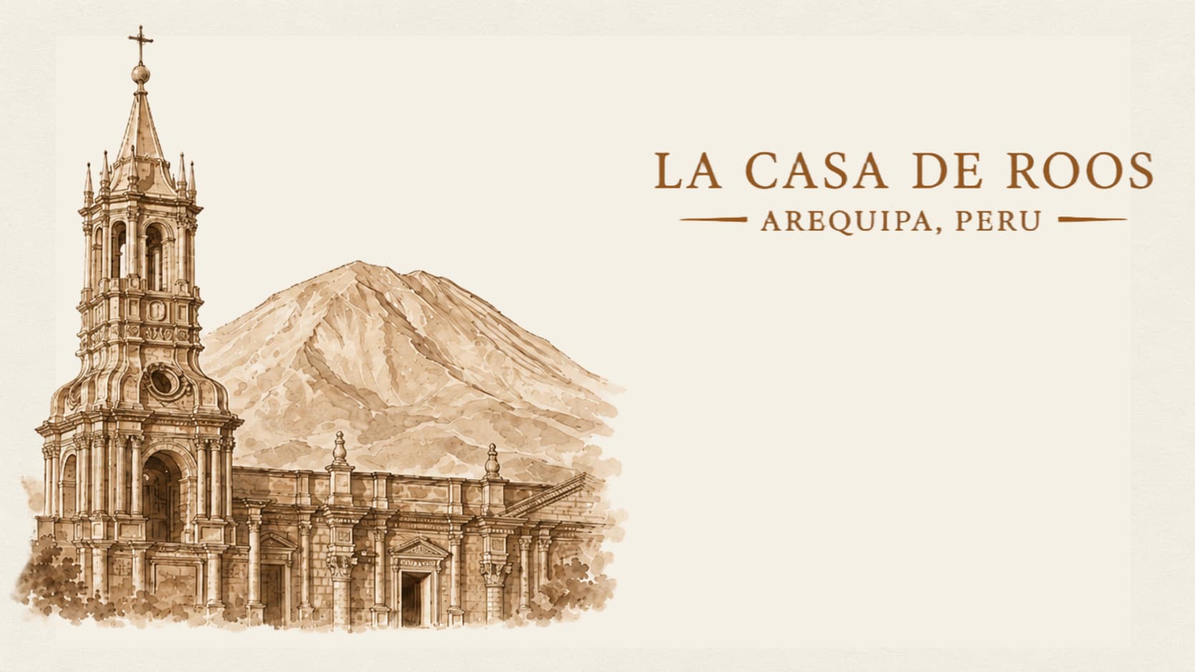 La Casa de Roos, Arequipa, Perú — ilustración de la catedral y el volcán Misti